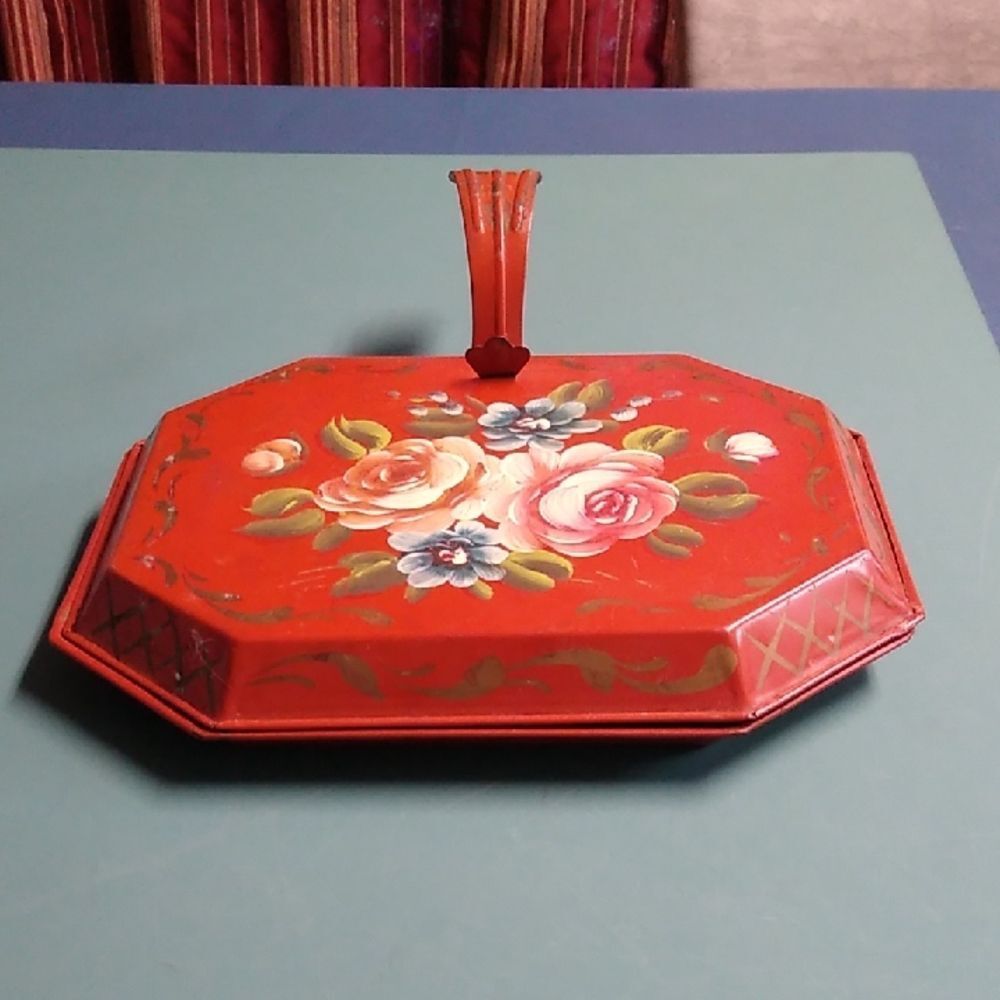 Red Toleware Silent Butler Crumb Tray Ash Receiver Floral Cottagecore